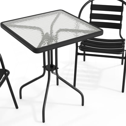 Flash Furniture TLH-0731SQ-017CBK2-GG 23.5" Square Glass Metal Table with 2 Black Metal Aluminum Slat Stack Chairs - View 10