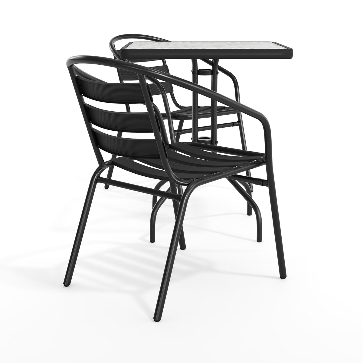 Flash Furniture TLH-0731SQ-017CBK2-GG 23.5" Square Glass Metal Table with 2 Black Metal Aluminum Slat Stack Chairs - View 11