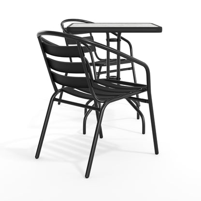 Flash Furniture TLH-0731SQ-017CBK2-GG 23.5" Square Glass Metal Table with 2 Black Metal Aluminum Slat Stack Chairs - View 11