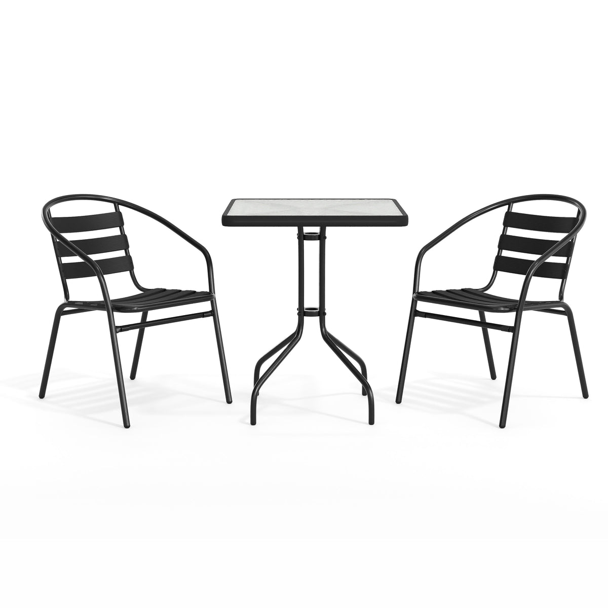 Flash Furniture TLH-0731SQ-017CBK2-GG 23.5" Square Glass Metal Table with 2 Black Metal Aluminum Slat Stack Chairs - View 12