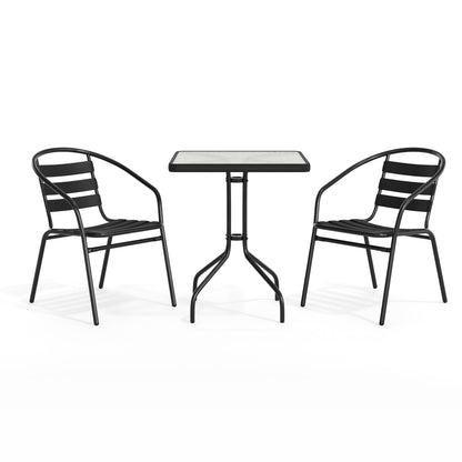 Flash Furniture TLH-0731SQ-017CBK2-GG 23.5" Square Glass Metal Table with 2 Black Metal Aluminum Slat Stack Chairs - View 12