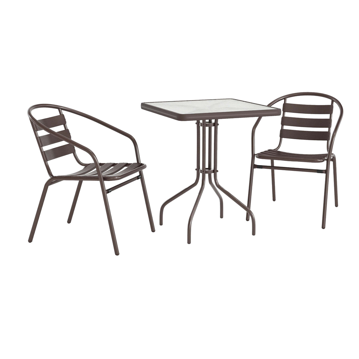 Flash Furniture TLH-0731SQ-017CBZ2-GG Modern 23.5" Square Glass Framed Glass Table with 2 Bronze Slat Back Chairs - Main view