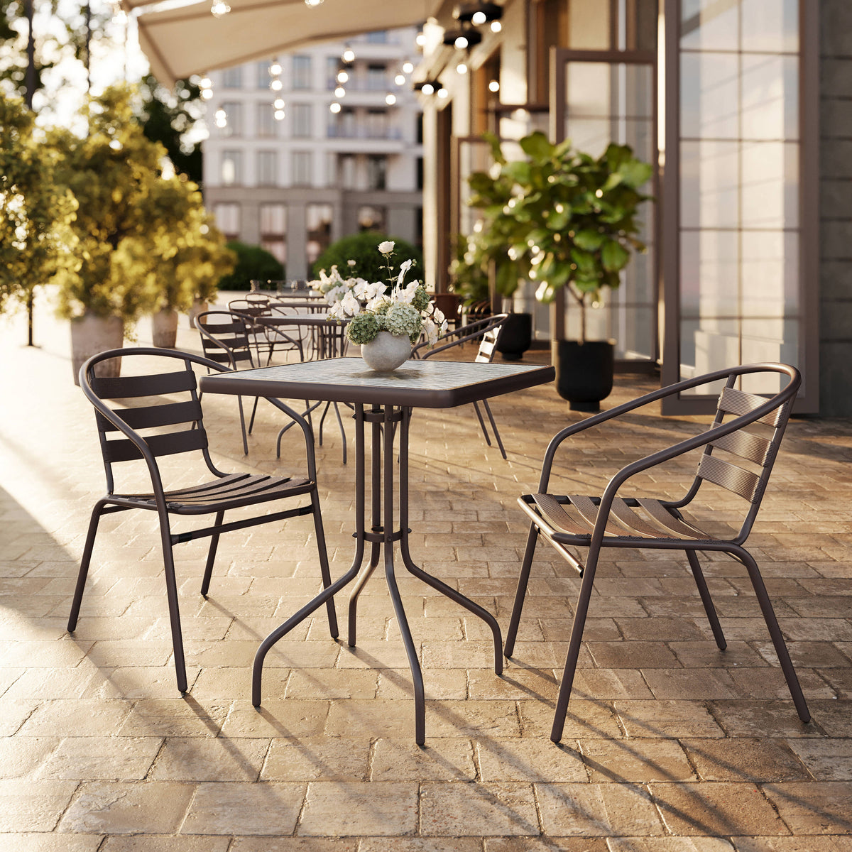 Flash Furniture TLH-0731SQ-017CBZ2-GG Modern 23.5" Square Glass Framed Glass Table with 2 Bronze Slat Back Chairs - View 2