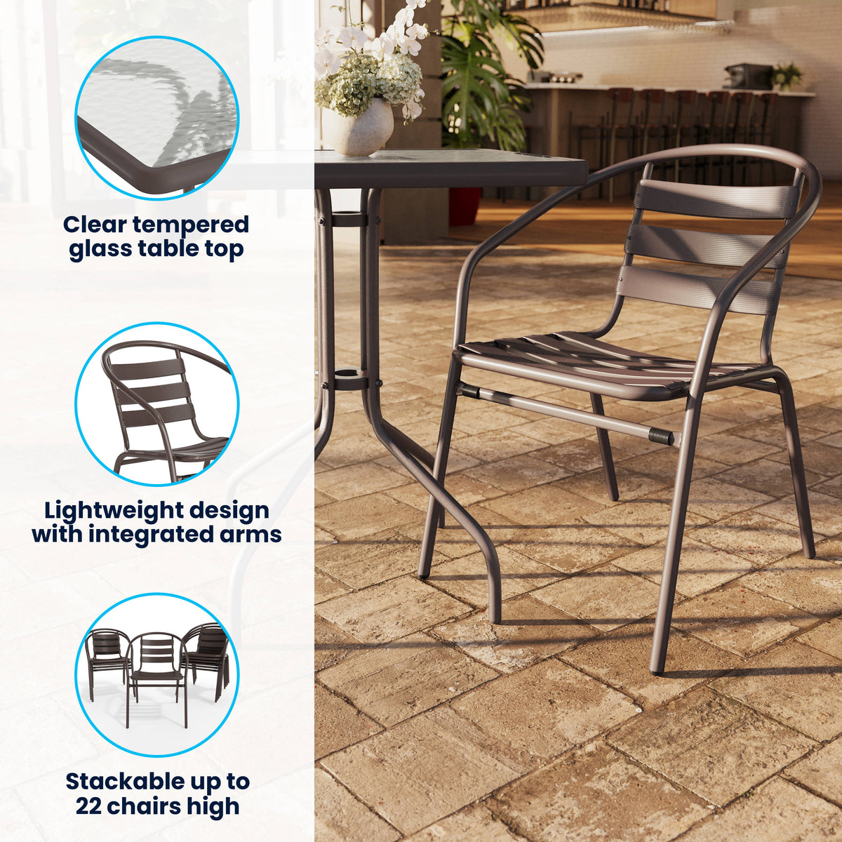 Flash Furniture TLH-0731SQ-017CBZ2-GG Modern 23.5" Square Glass Framed Glass Table with 2 Bronze Slat Back Chairs - View 3