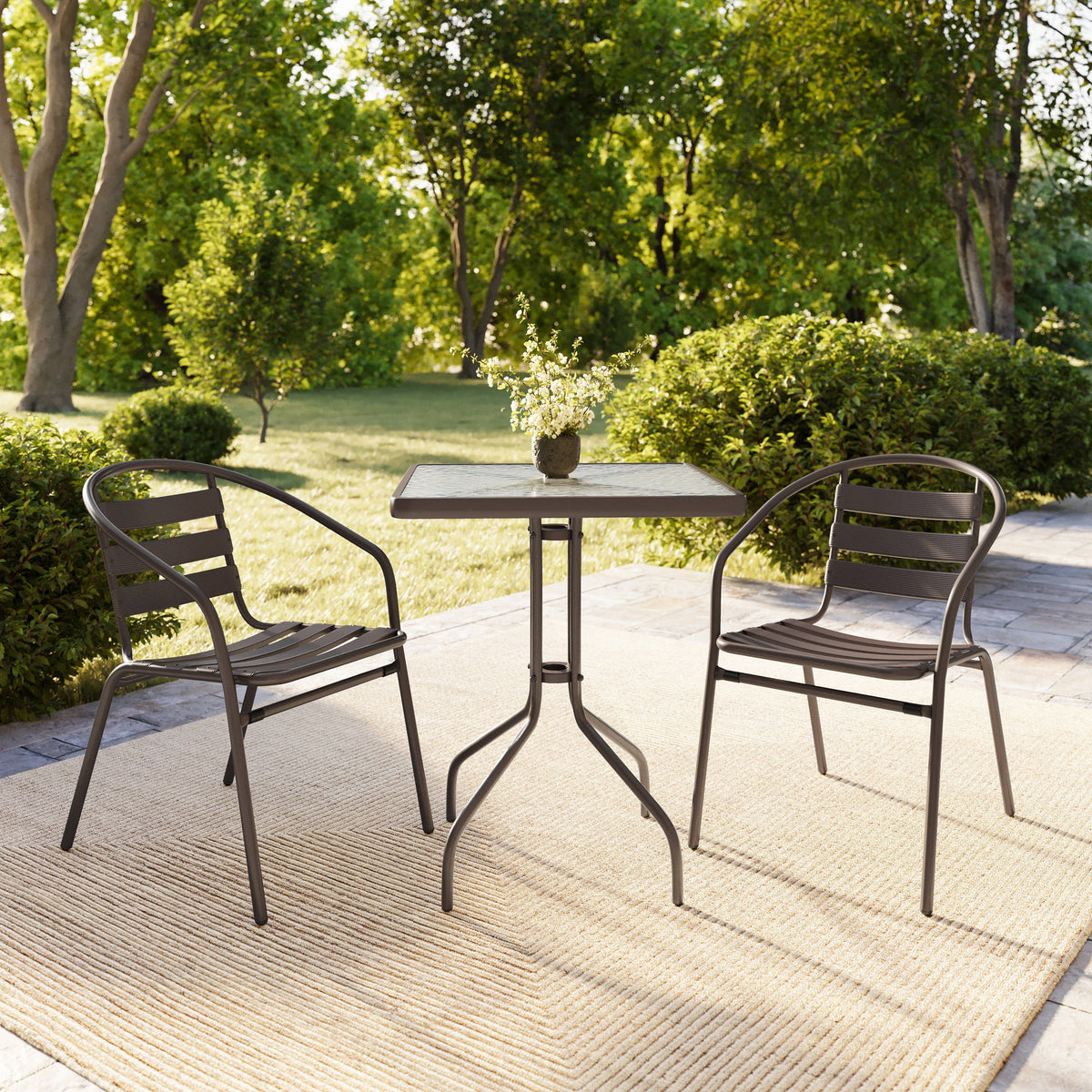 Flash Furniture TLH-0731SQ-017CBZ2-GG Modern 23.5" Square Glass Framed Glass Table with 2 Bronze Slat Back Chairs - View 8
