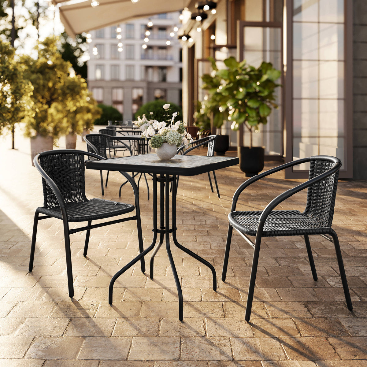 Flash Furniture TLH-0731SQ-037BK2-GG 23.5" Square Glass Metal Table with 2 Black Rattan Stack Chairs - View 2