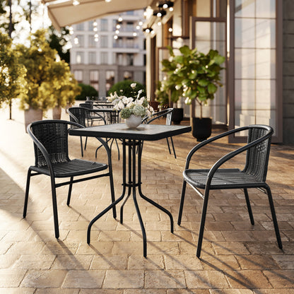 Flash Furniture TLH-0731SQ-037BK2-GG 23.5" Square Glass Metal Table with 2 Black Rattan Stack Chairs - View 2