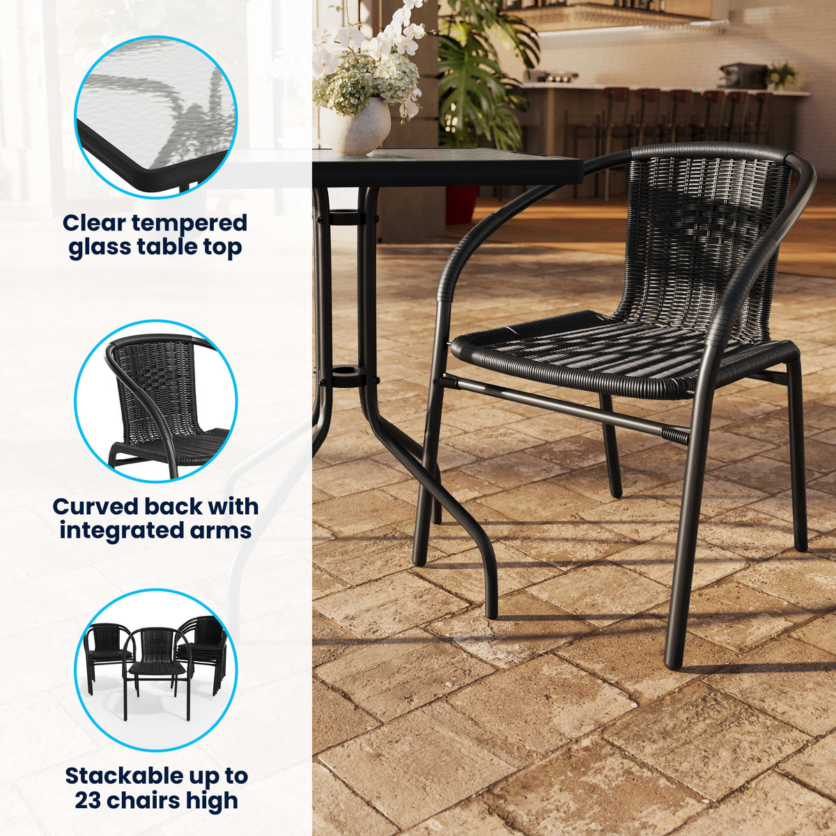 Flash Furniture TLH-0731SQ-037BK2-GG 23.5" Square Glass Metal Table with 2 Black Rattan Stack Chairs - View 3