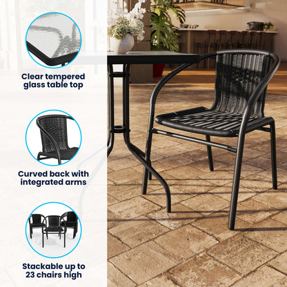 Flash Furniture TLH-0731SQ-037BK2-GG 23.5" Square Glass Metal Table with 2 Black Rattan Stack Chairs - View 3