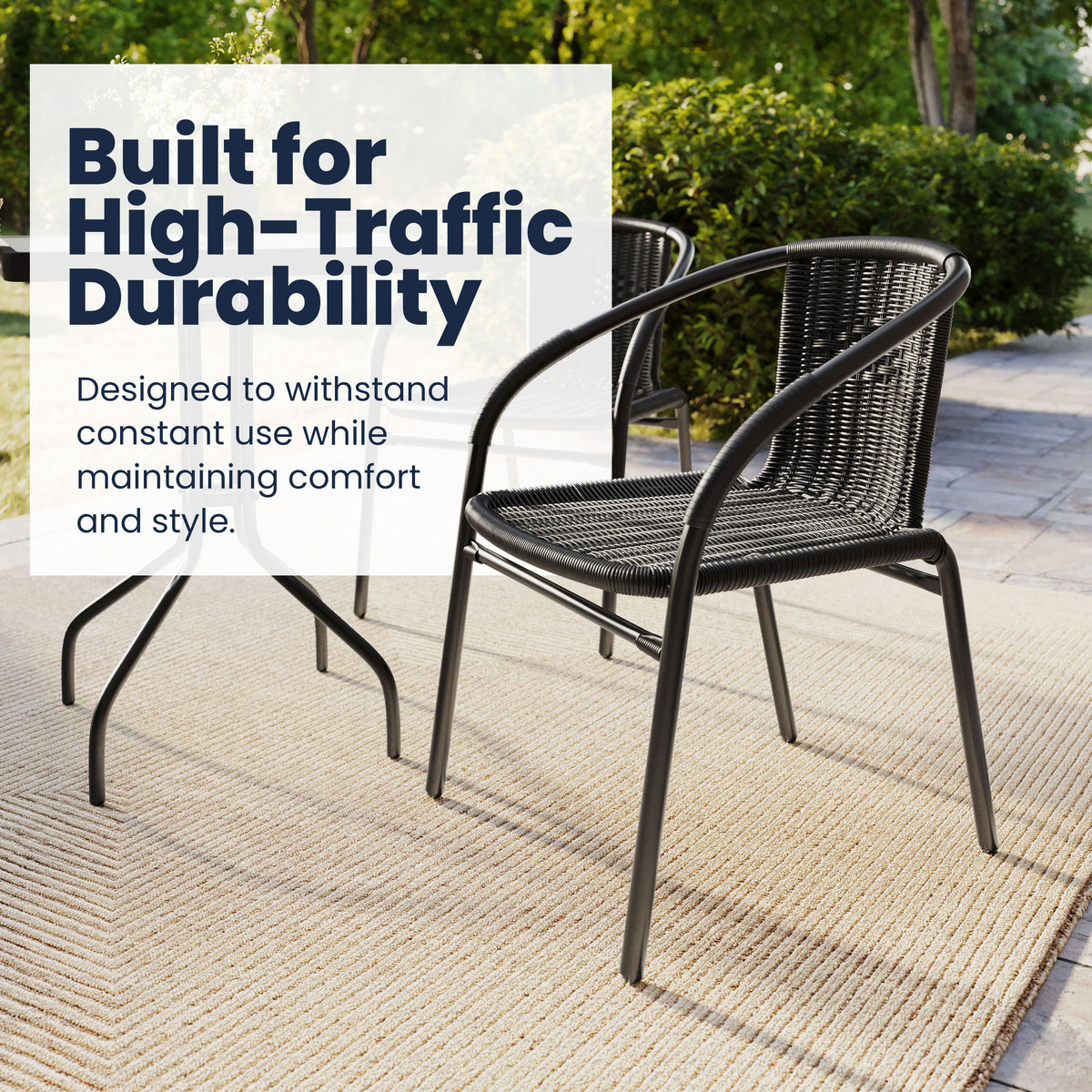 Flash Furniture TLH-0731SQ-037BK2-GG 23.5" Square Glass Metal Table with 2 Black Rattan Stack Chairs - View 4