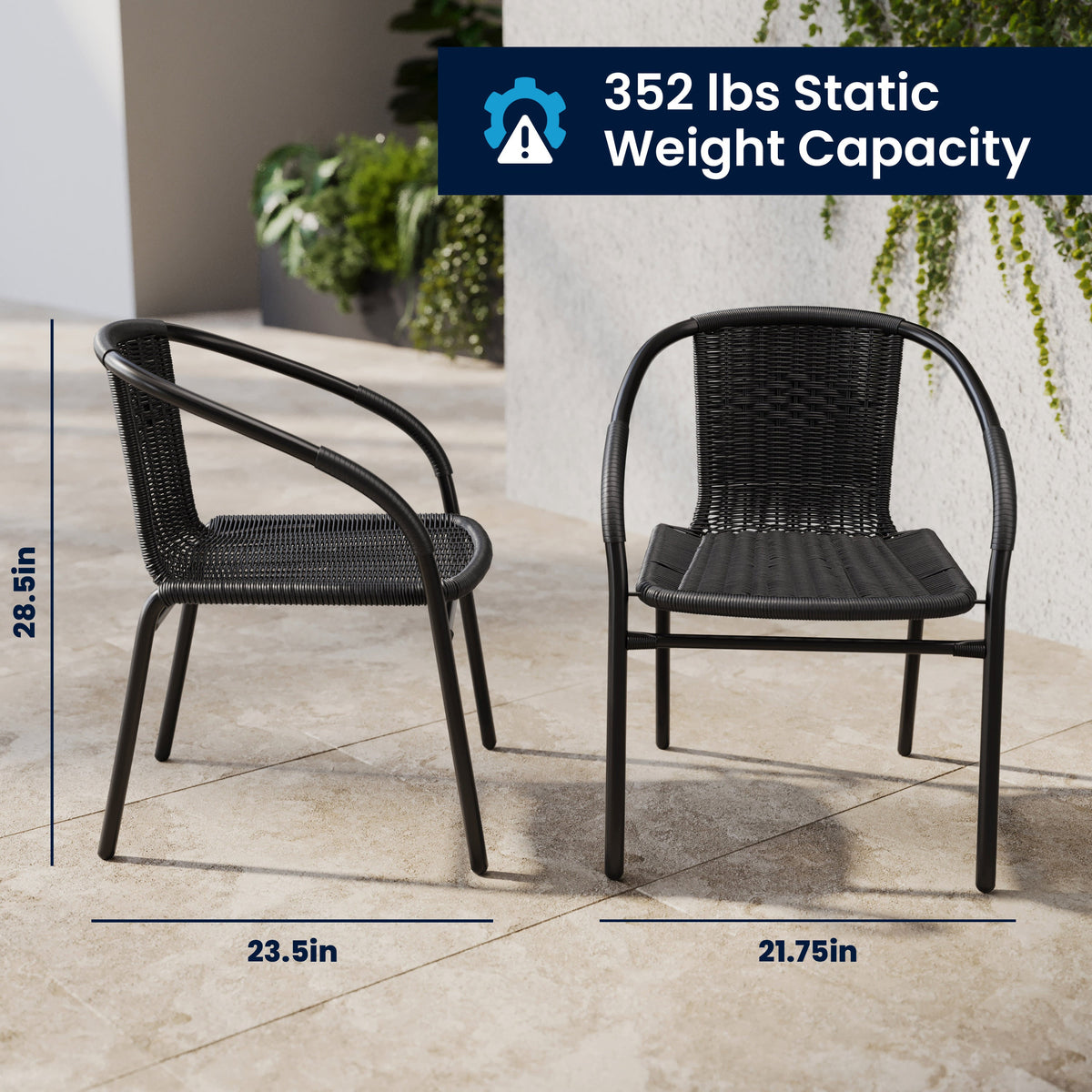 Flash Furniture TLH-0731SQ-037BK2-GG 23.5" Square Glass Metal Table with 2 Black Rattan Stack Chairs - View 6