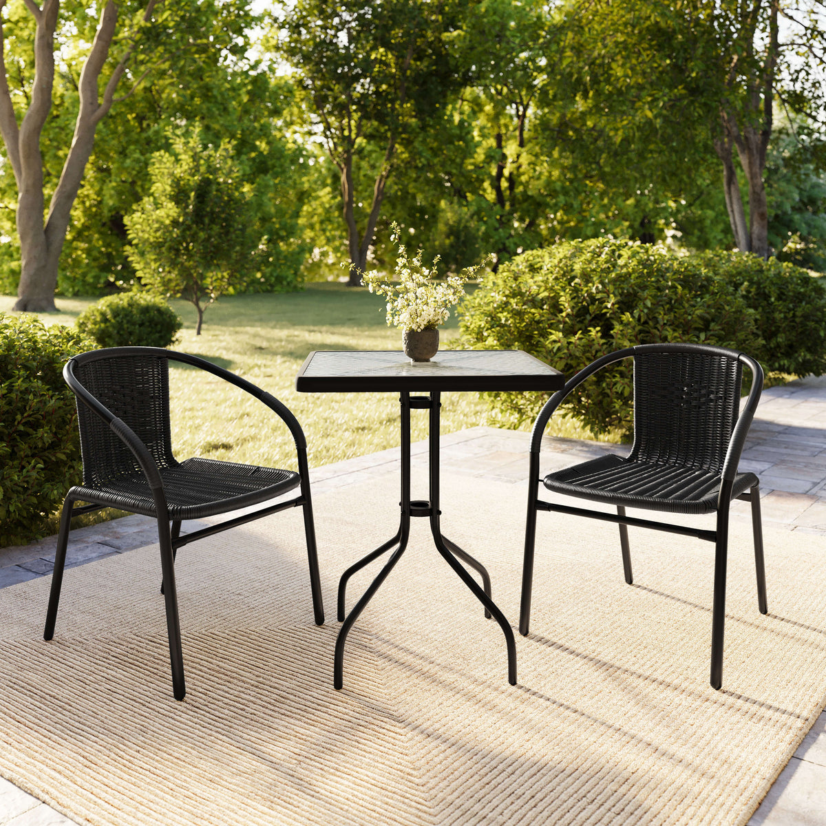 Flash Furniture TLH-0731SQ-037BK2-GG 23.5" Square Glass Metal Table with 2 Black Rattan Stack Chairs - View 8
