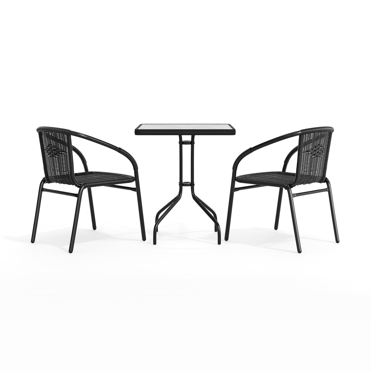 Flash Furniture TLH-0731SQ-037BK2-GG 23.5" Square Glass Metal Table with 2 Black Rattan Stack Chairs - View 9