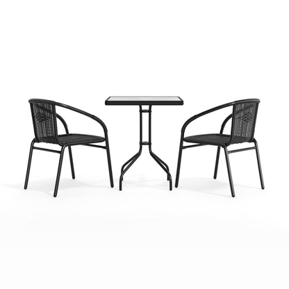 Flash Furniture TLH-0731SQ-037BK2-GG 23.5" Square Glass Metal Table with 2 Black Rattan Stack Chairs - View 9