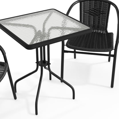 Flash Furniture TLH-0731SQ-037BK2-GG 23.5" Square Glass Metal Table with 2 Black Rattan Stack Chairs - View 10