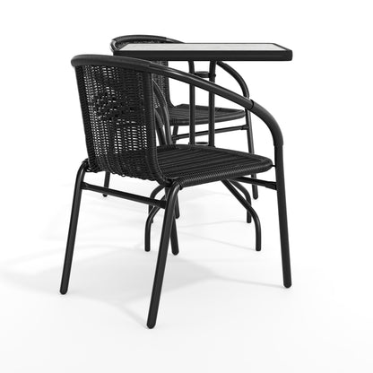 Flash Furniture TLH-0731SQ-037BK2-GG 23.5" Square Glass Metal Table with 2 Black Rattan Stack Chairs - View 11