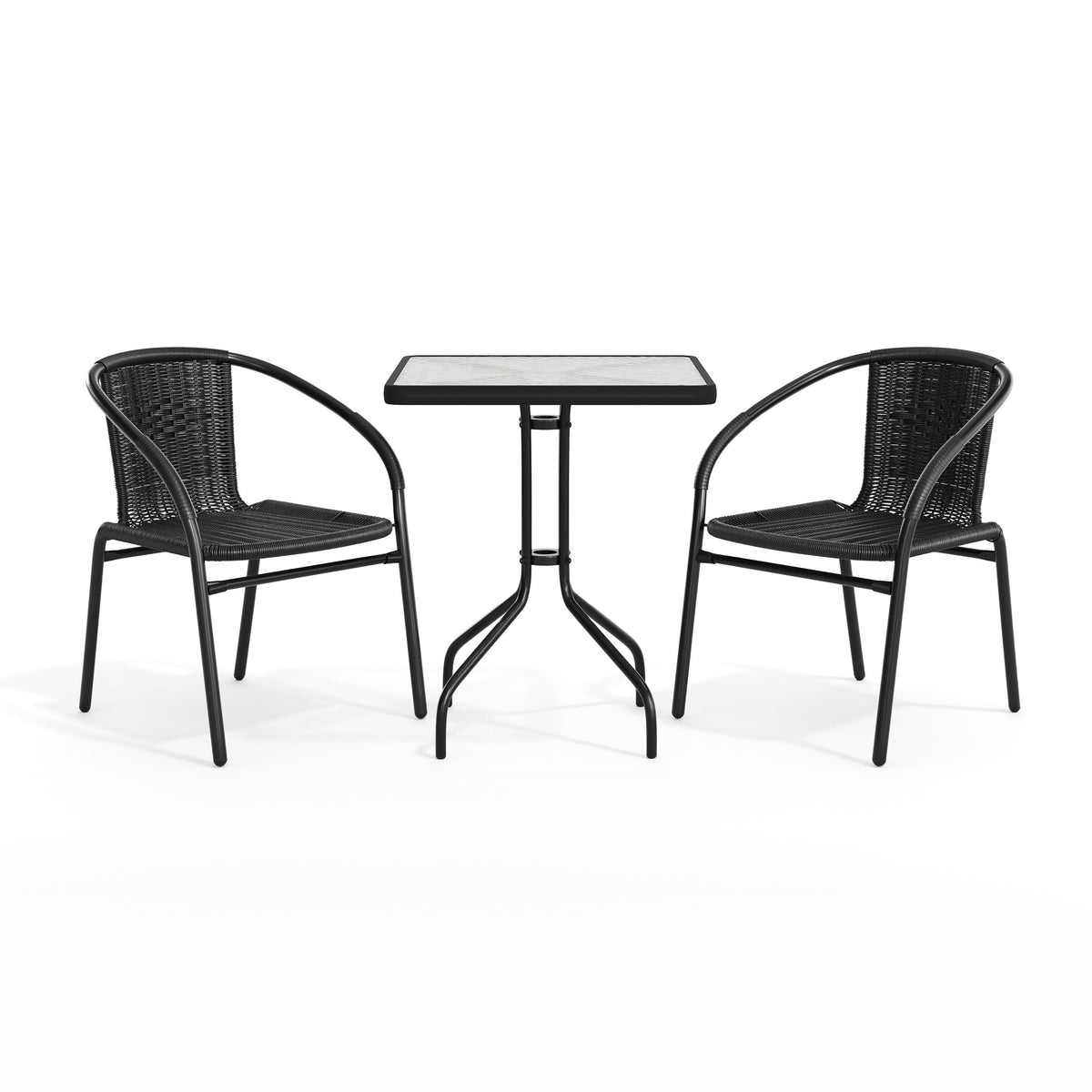 Flash Furniture TLH-0731SQ-037BK2-GG 23.5" Square Glass Metal Table with 2 Black Rattan Stack Chairs - View 12