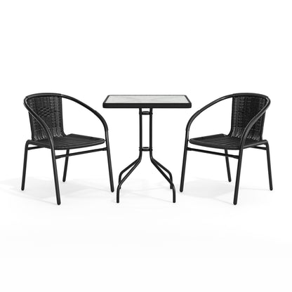 Flash Furniture TLH-0731SQ-037BK2-GG 23.5" Square Glass Metal Table with 2 Black Rattan Stack Chairs - View 12