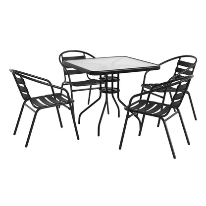 Flash Furniture TLH-0732SQ-017CBK4-GG 31.5" Square Glass Metal Table with 4 Black Metal Aluminum Slat Stack Chairs - Main view
