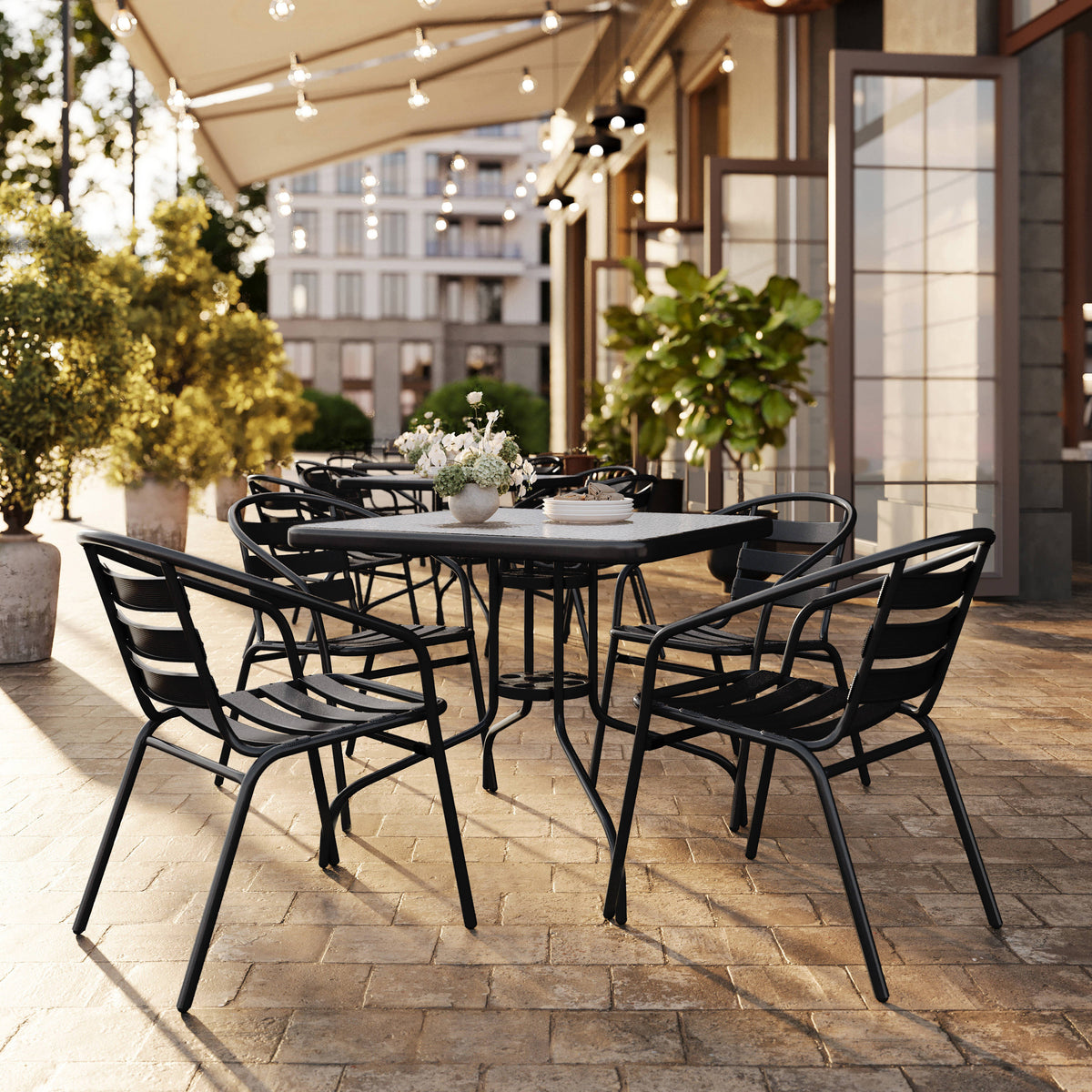 Flash Furniture TLH-0732SQ-017CBK4-GG 31.5" Square Glass Metal Table with 4 Black Metal Aluminum Slat Stack Chairs - View 2