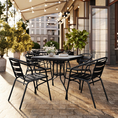 Flash Furniture TLH-0732SQ-017CBK4-GG 31.5" Square Glass Metal Table with 4 Black Metal Aluminum Slat Stack Chairs - View 2