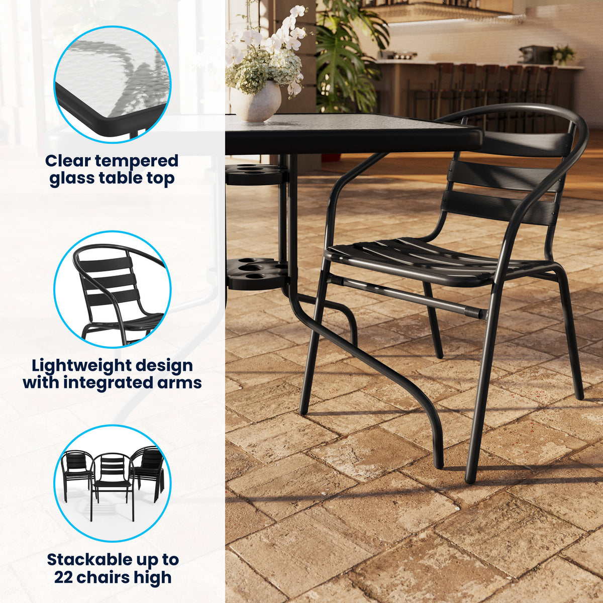 Flash Furniture TLH-0732SQ-017CBK4-GG 31.5" Square Glass Metal Table with 4 Black Metal Aluminum Slat Stack Chairs - View 3