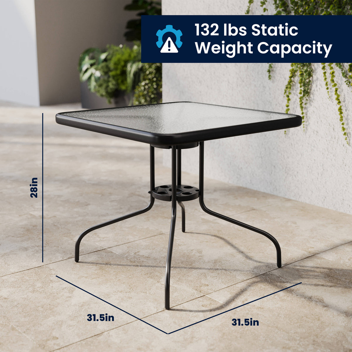 Flash Furniture TLH-0732SQ-017CBK4-GG 31.5" Square Glass Metal Table with 4 Black Metal Aluminum Slat Stack Chairs - View 7
