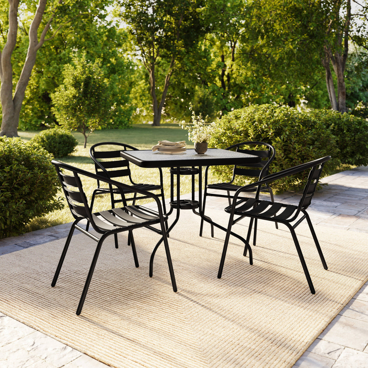 Flash Furniture TLH-0732SQ-017CBK4-GG 31.5" Square Glass Metal Table with 4 Black Metal Aluminum Slat Stack Chairs - View 8