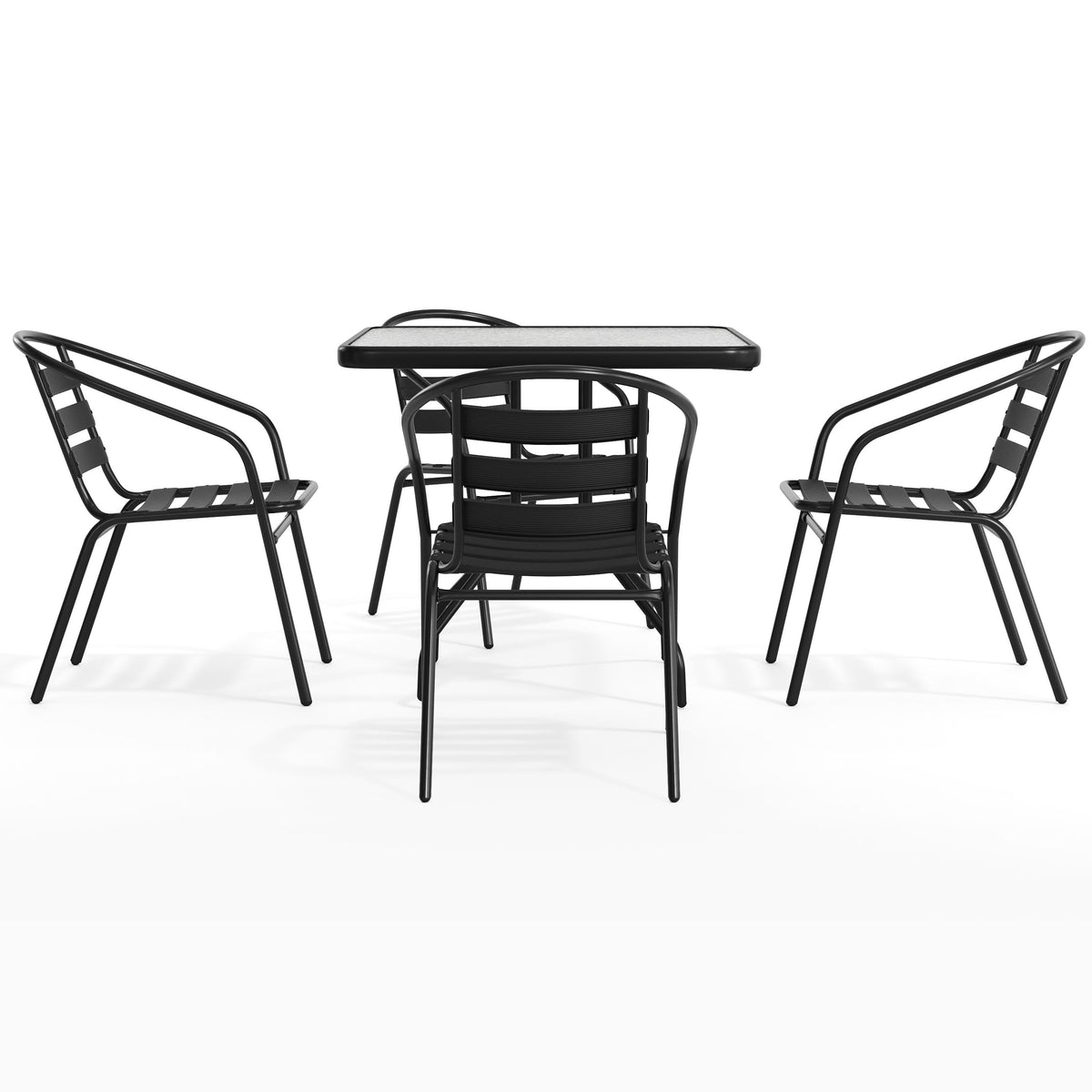 Flash Furniture TLH-0732SQ-017CBK4-GG 31.5" Square Glass Metal Table with 4 Black Metal Aluminum Slat Stack Chairs - View 9