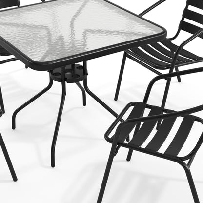 Flash Furniture TLH-0732SQ-017CBK4-GG 31.5" Square Glass Metal Table with 4 Black Metal Aluminum Slat Stack Chairs - View 10