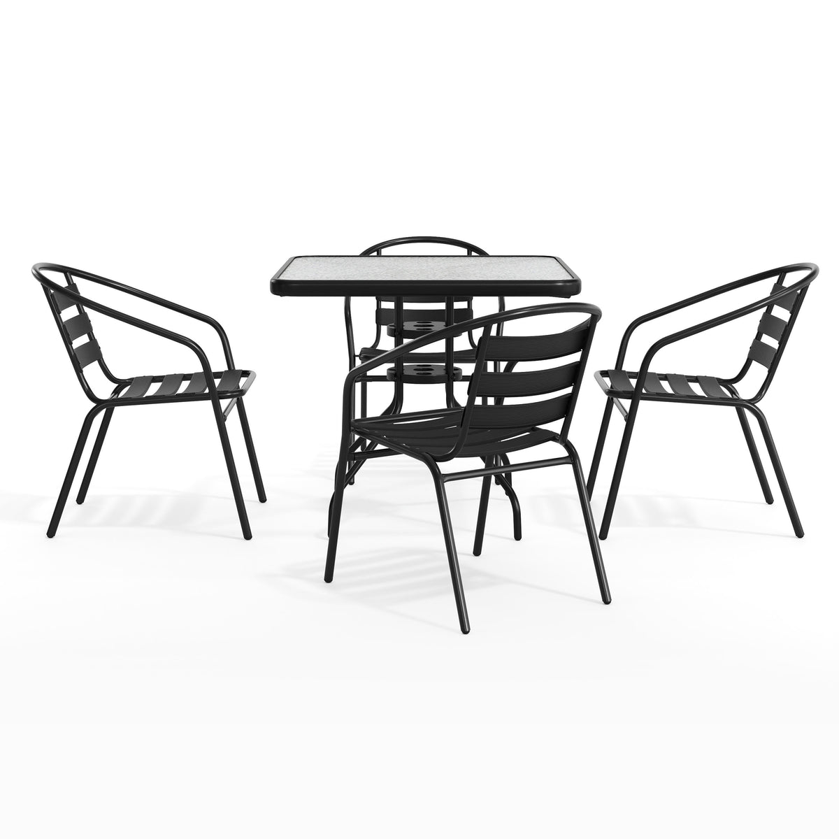 Flash Furniture TLH-0732SQ-017CBK4-GG 31.5" Square Glass Metal Table with 4 Black Metal Aluminum Slat Stack Chairs - View 12