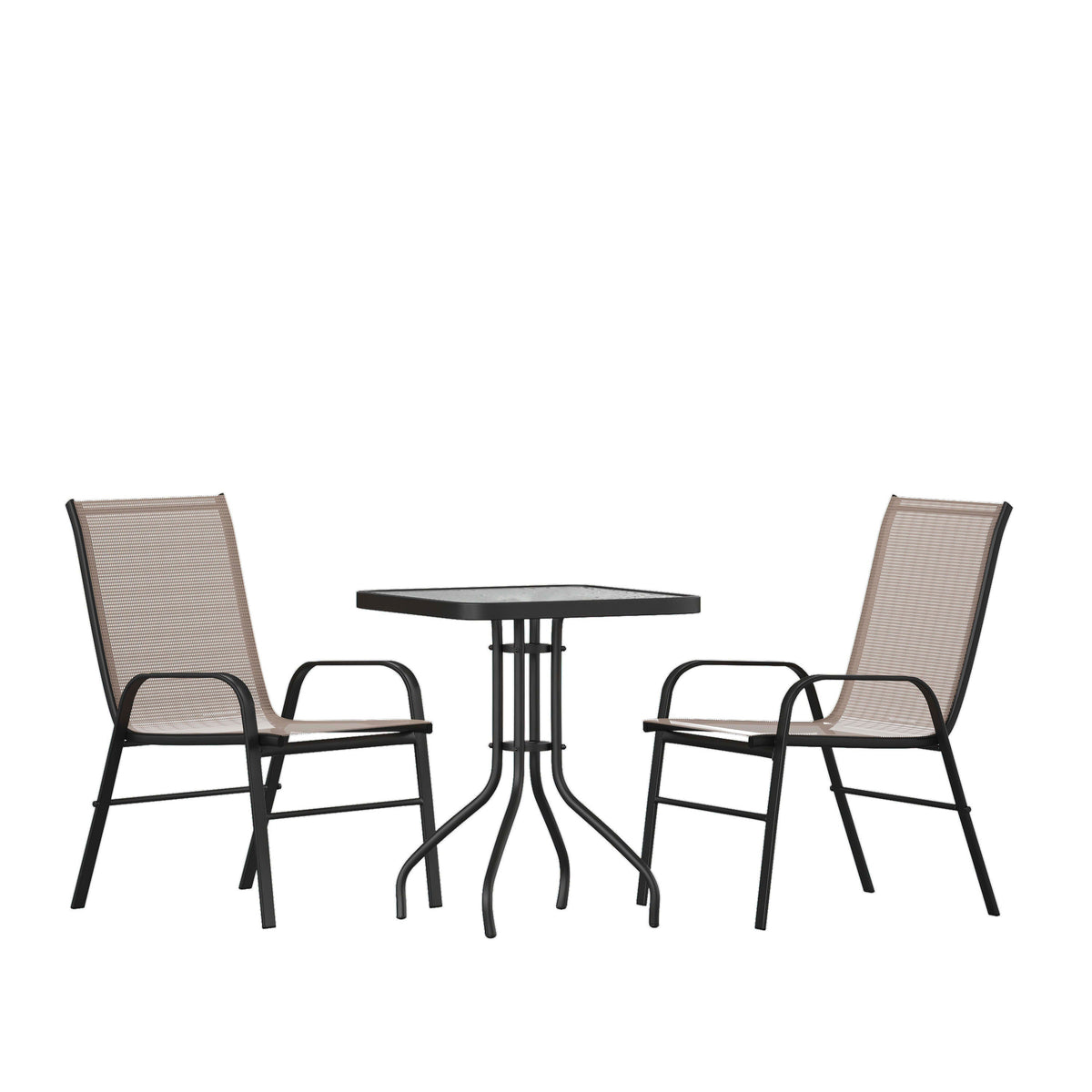Flash Furniture TLH-073A1303C-BN-GG 3 Piece Patio Dining Set - 23.5" Square Glass Table, 2 Brown Flex Stack Chairs - Main view