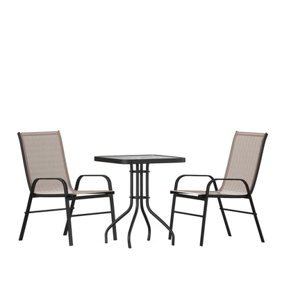 Flash Furniture TLH-073A1303C-BN-GG 3 Piece Patio Dining Set - 23.5" Square Glass Table, 2 Brown Flex Stack Chairs - Main view