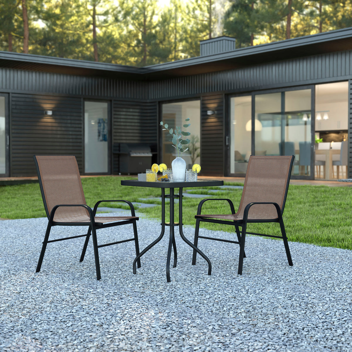 Flash Furniture TLH-073A1303C-BN-GG 3 Piece Patio Dining Set - 23.5" Square Glass Table, 2 Brown Flex Stack Chairs - View 2