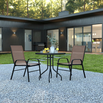Flash Furniture TLH-073A1303C-BN-GG 3 Piece Patio Dining Set - 23.5" Square Glass Table, 2 Brown Flex Stack Chairs - View 2