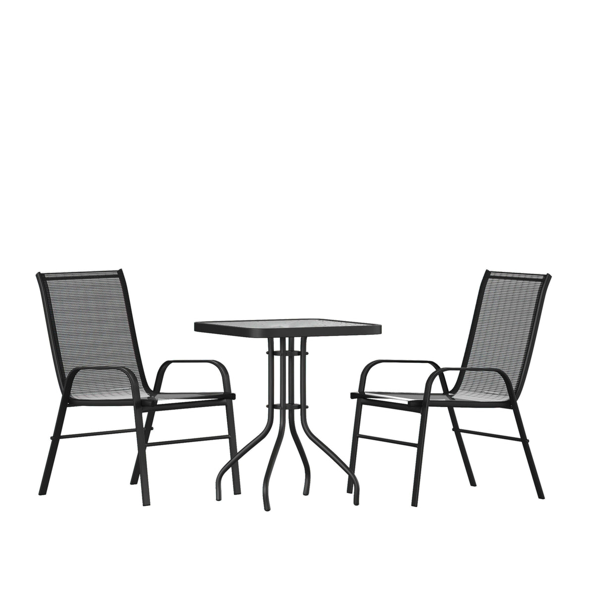Flash Furniture TLH-073A1303C-GG 3 Piece Patio Dining Set - 23.5" Square Glass Table, 2 Black Flex Stack Chairs - Main view