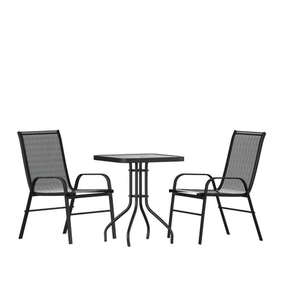 Flash Furniture TLH-073A1303C-GG 3 Piece Patio Dining Set - 23.5" Square Glass Table, 2 Black Flex Stack Chairs - Main view