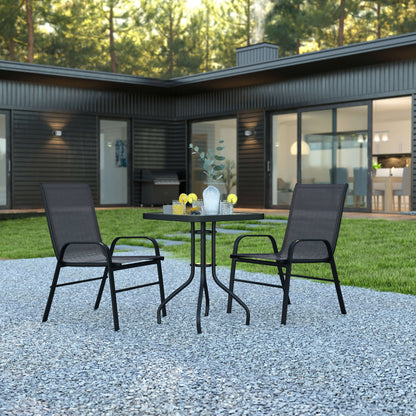 Flash Furniture TLH-073A1303C-GG 3 Piece Patio Dining Set - 23.5" Square Glass Table, 2 Black Flex Stack Chairs - View 2