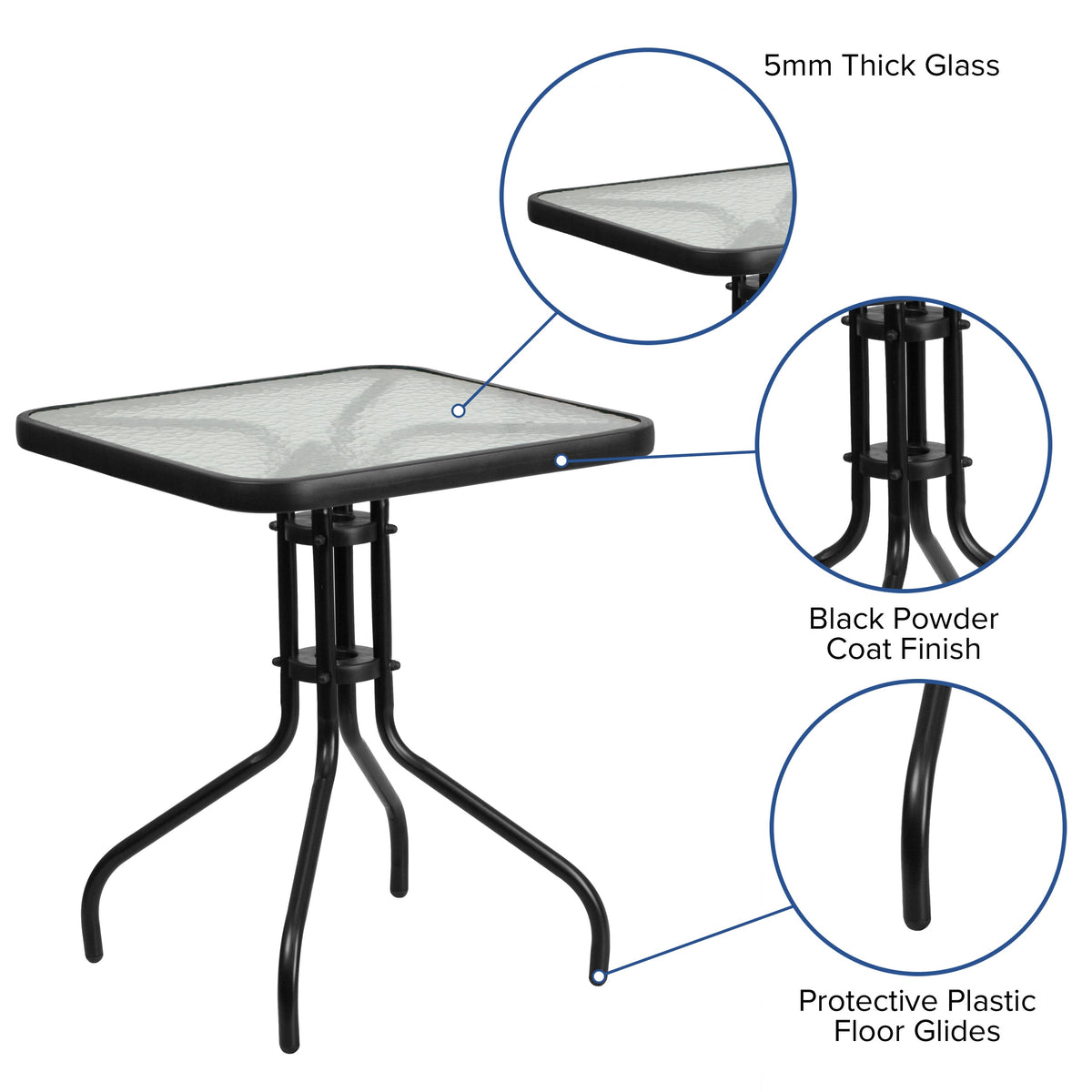 Flash Furniture TLH-073A1303C-GG 3 Piece Patio Dining Set - 23.5" Square Glass Table, 2 Black Flex Stack Chairs - View 3