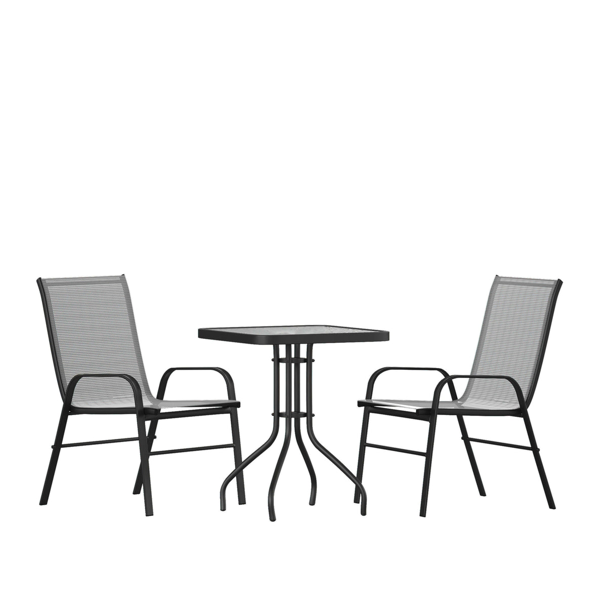 Flash Furniture TLH-073A1303C-GY-GG 3 Piece Patio Dining Set - 23.5" Square Glass Table, 2 Gray Flex Stack Chairs - Main view