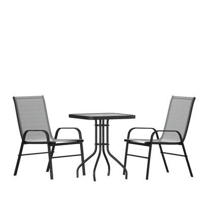 Flash Furniture TLH-073A1303C-GY-GG 3 Piece Patio Dining Set - 23.5" Square Glass Table, 2 Gray Flex Stack Chairs - Main view