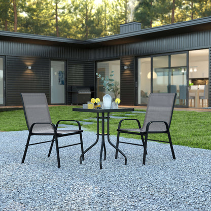 Flash Furniture TLH-073A1303C-GY-GG 3 Piece Patio Dining Set - 23.5" Square Glass Table, 2 Gray Flex Stack Chairs - View 2