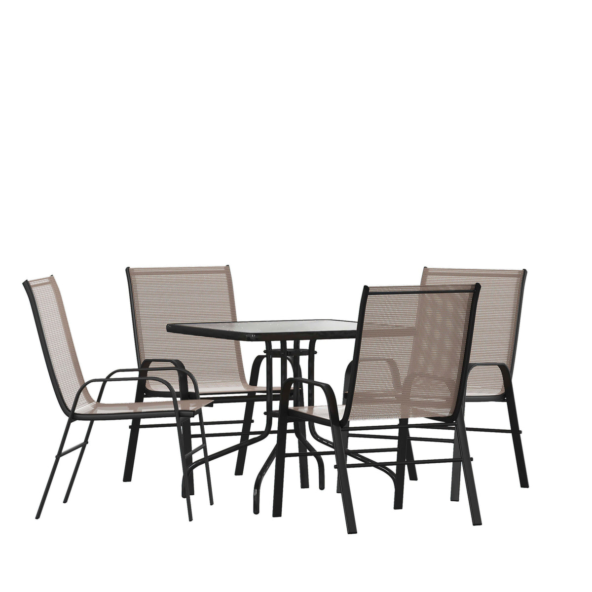 Flash Furniture TLH-073A2303C-BN-GG 5 Piece Patio Dining Set - 31.5" Square Glass Table, 4 Brown Flex Stack Chairs - Main view