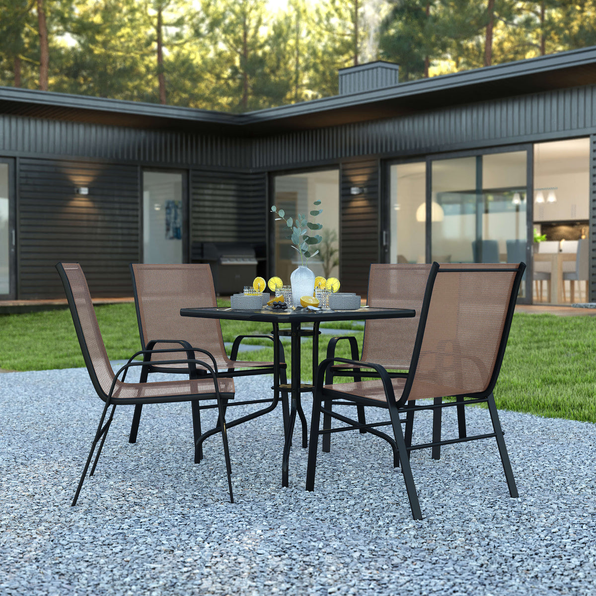Flash Furniture TLH-073A2303C-BN-GG 5 Piece Patio Dining Set - 31.5" Square Glass Table, 4 Brown Flex Stack Chairs - View 2