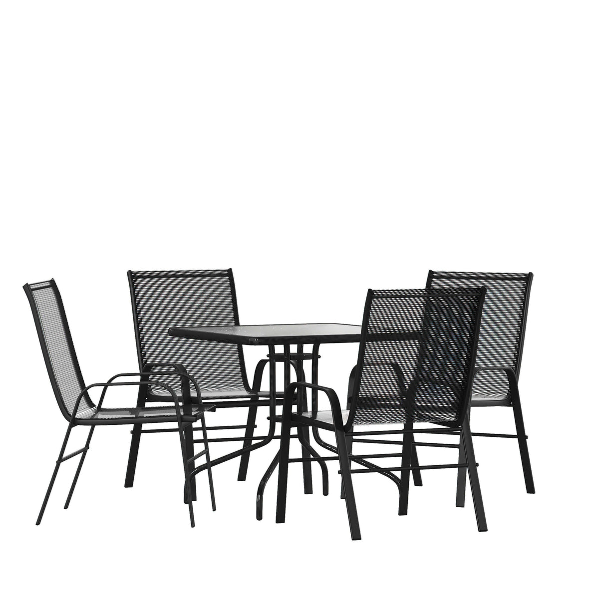 Flash Furniture TLH-073A2303C-GG 5 Piece Patio Dining Set - 31.5" Square Glass Table, 4 Black Flex Stack Chairs - Main view