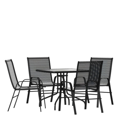Flash Furniture TLH-073A2303C-GG 5 Piece Patio Dining Set - 31.5" Square Glass Table, 4 Black Flex Stack Chairs - Main view