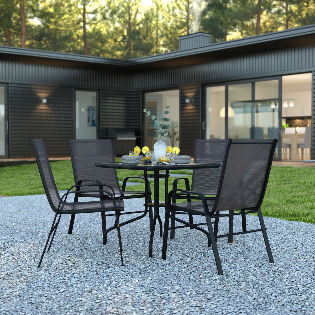 Flash Furniture TLH-073A2303C-GG 5 Piece Patio Dining Set - 31.5" Square Glass Table, 4 Black Flex Stack Chairs - View 2