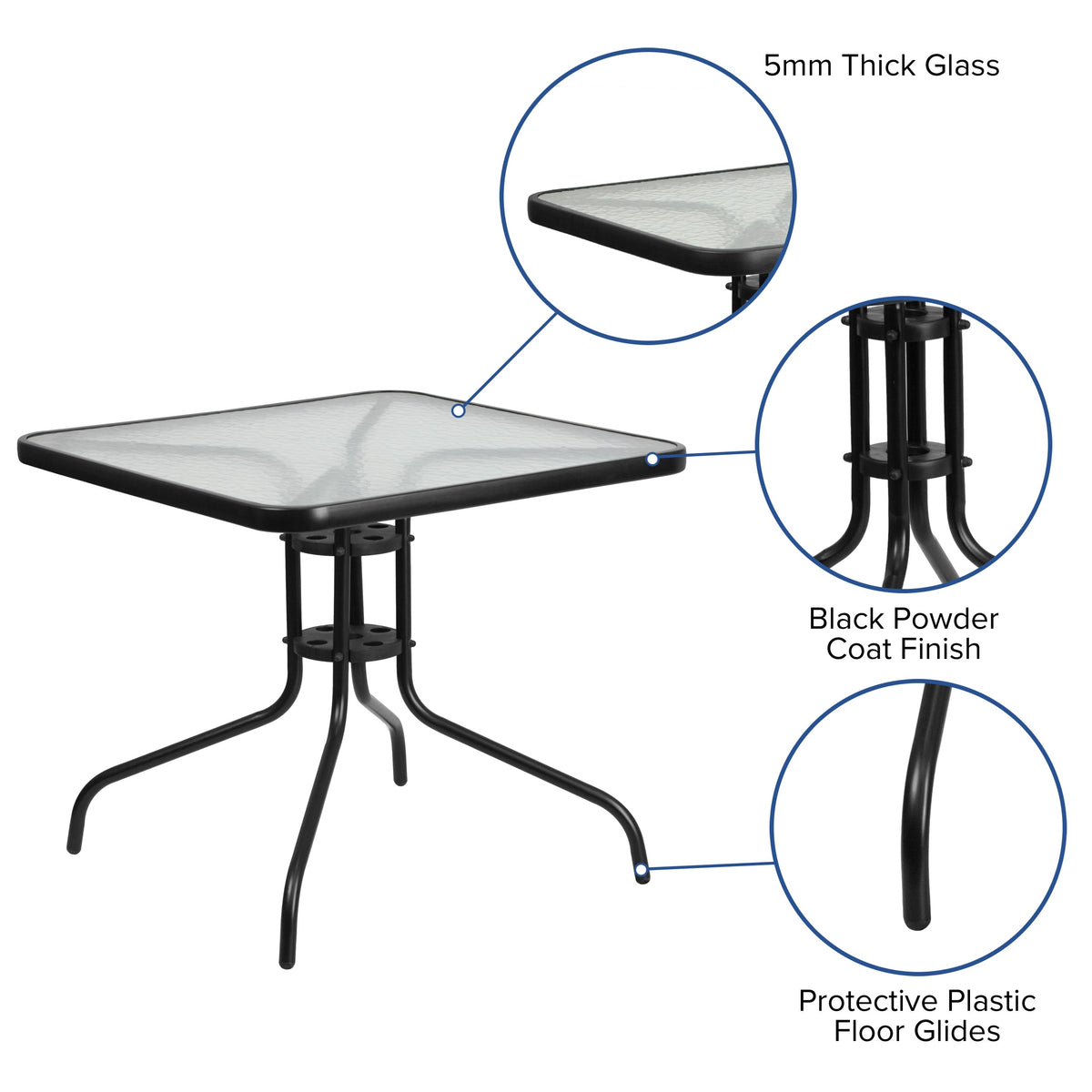 Flash Furniture TLH-073A2303C-GG 5 Piece Patio Dining Set - 31.5" Square Glass Table, 4 Black Flex Stack Chairs - View 3