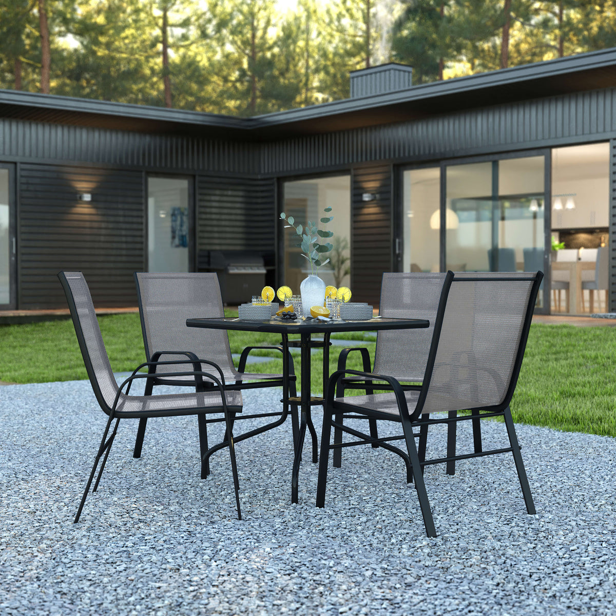 Flash Furniture TLH-073A2303C-GY-GG 5 Piece Patio Dining Set - 31.5" Square Glass Table, 4 Gray Flex Stack Chairs - View 2