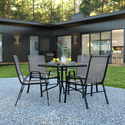 Flash Furniture TLH-073A2303C-GY-GG 5 Piece Patio Dining Set - 31.5" Square Glass Table, 4 Gray Flex Stack Chairs - View 2
